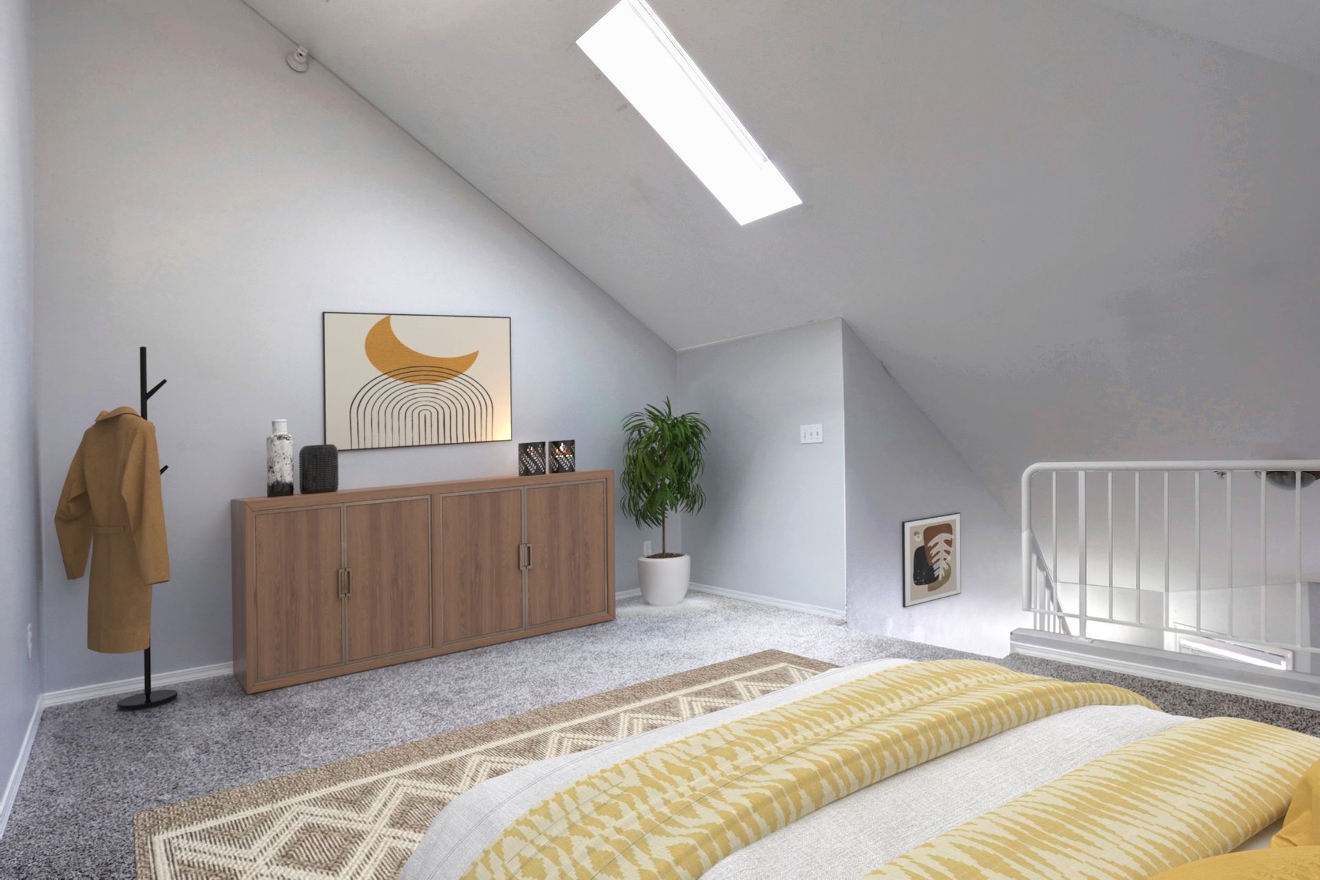 A bedroom with a bed , dresser , cabinets and a skylight.