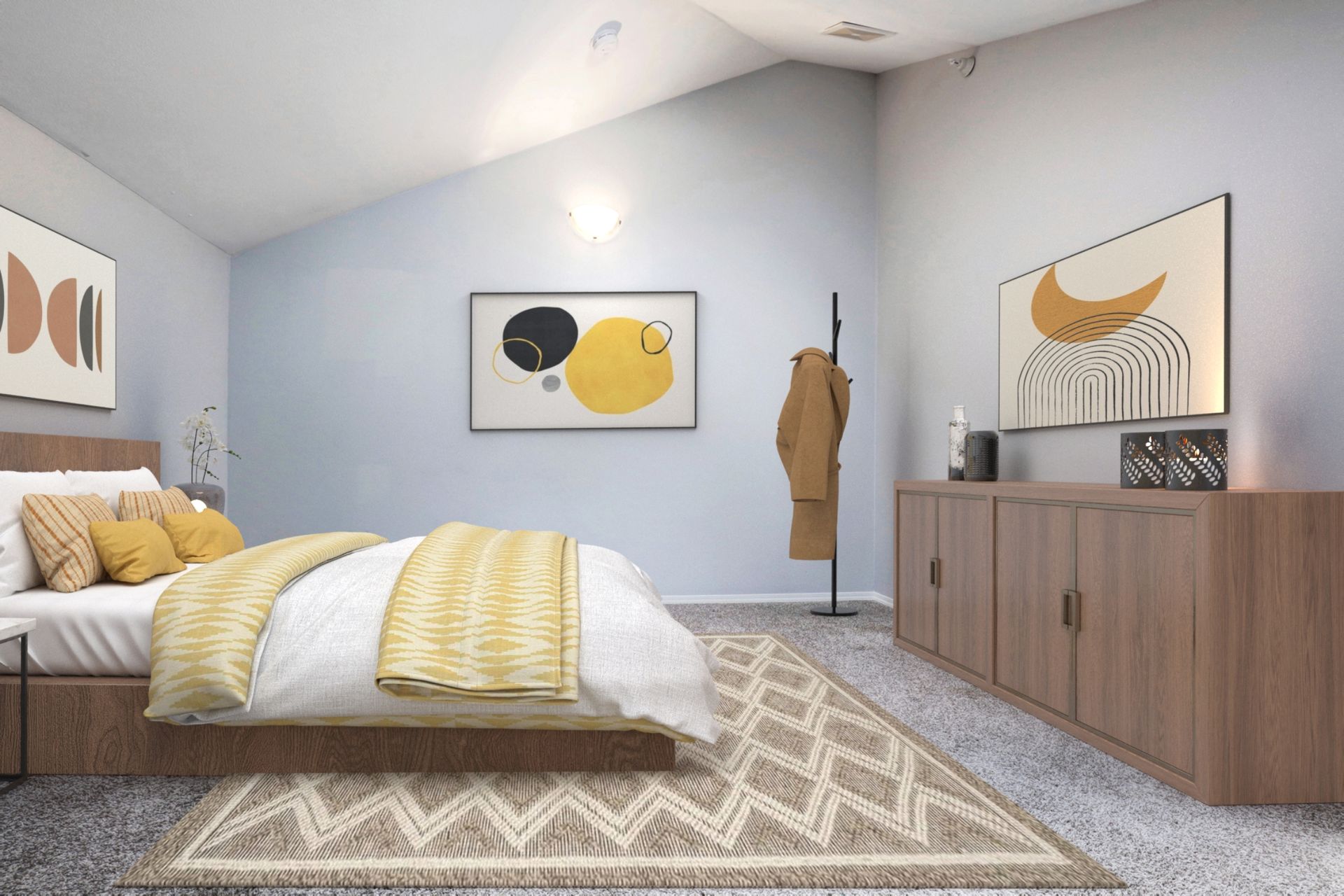 A bedroom with a bed , dresser , nightstand and rug.
