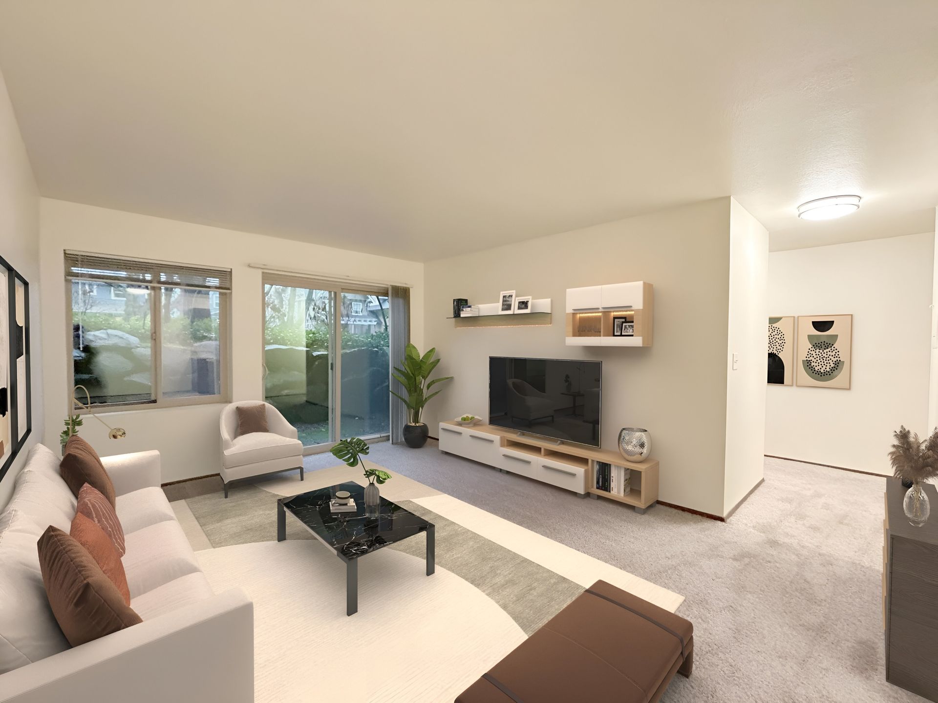 An artist 's impression of a living room with a couch , chair , coffee table and television.