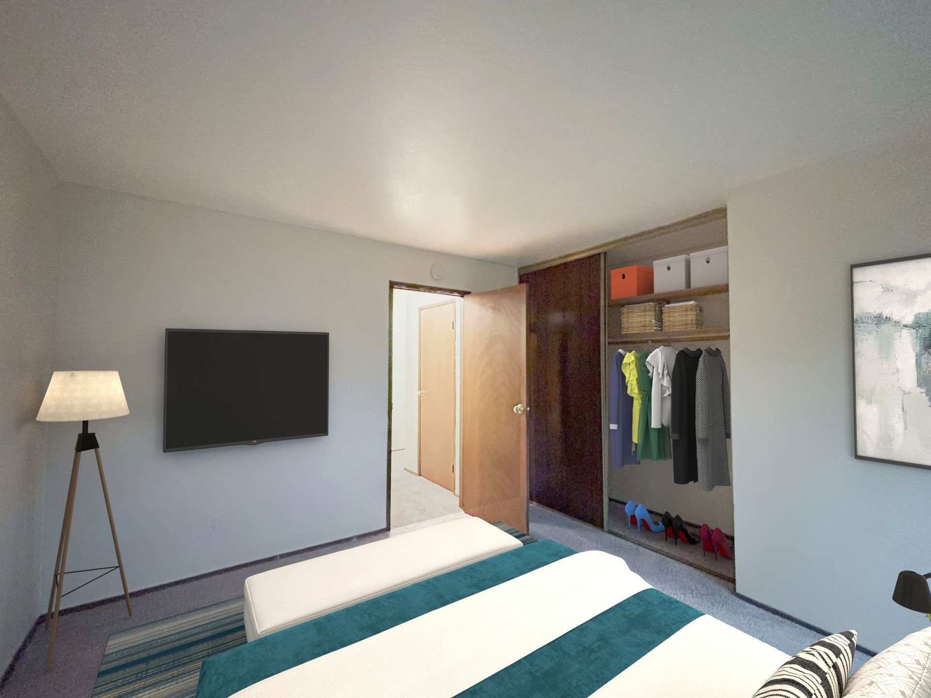 A bedroom with a bed , television , lamp and closet.