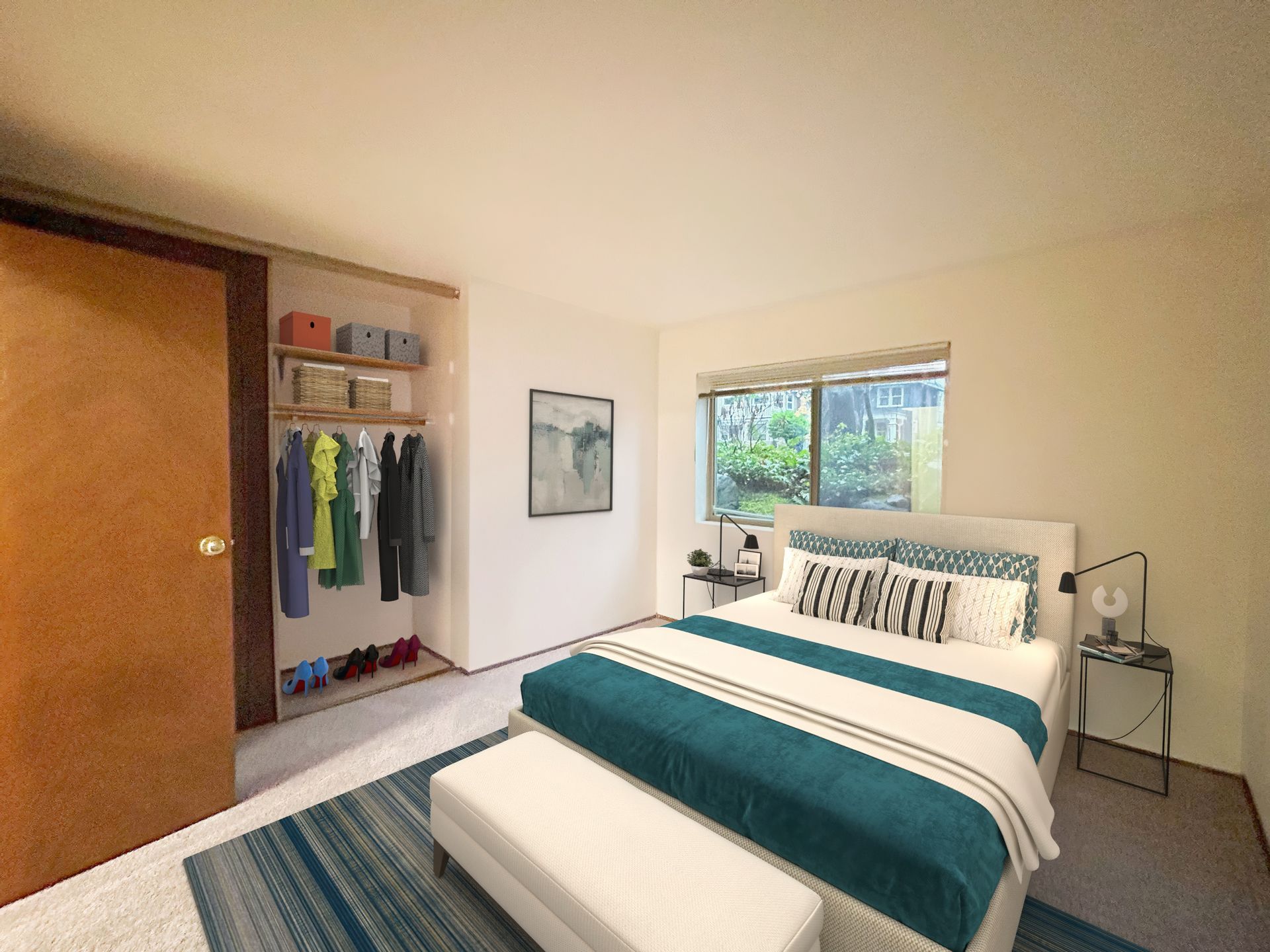 A bedroom with a large bed and a closet
