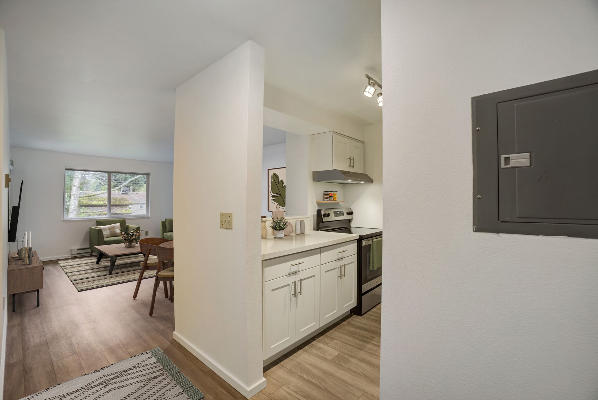A kitchen and living room are connected by a hallway.