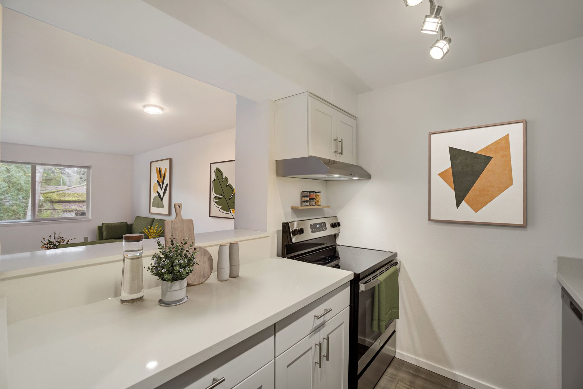 A kitchen with a stove , sink , dishwasher and a picture on the wall.