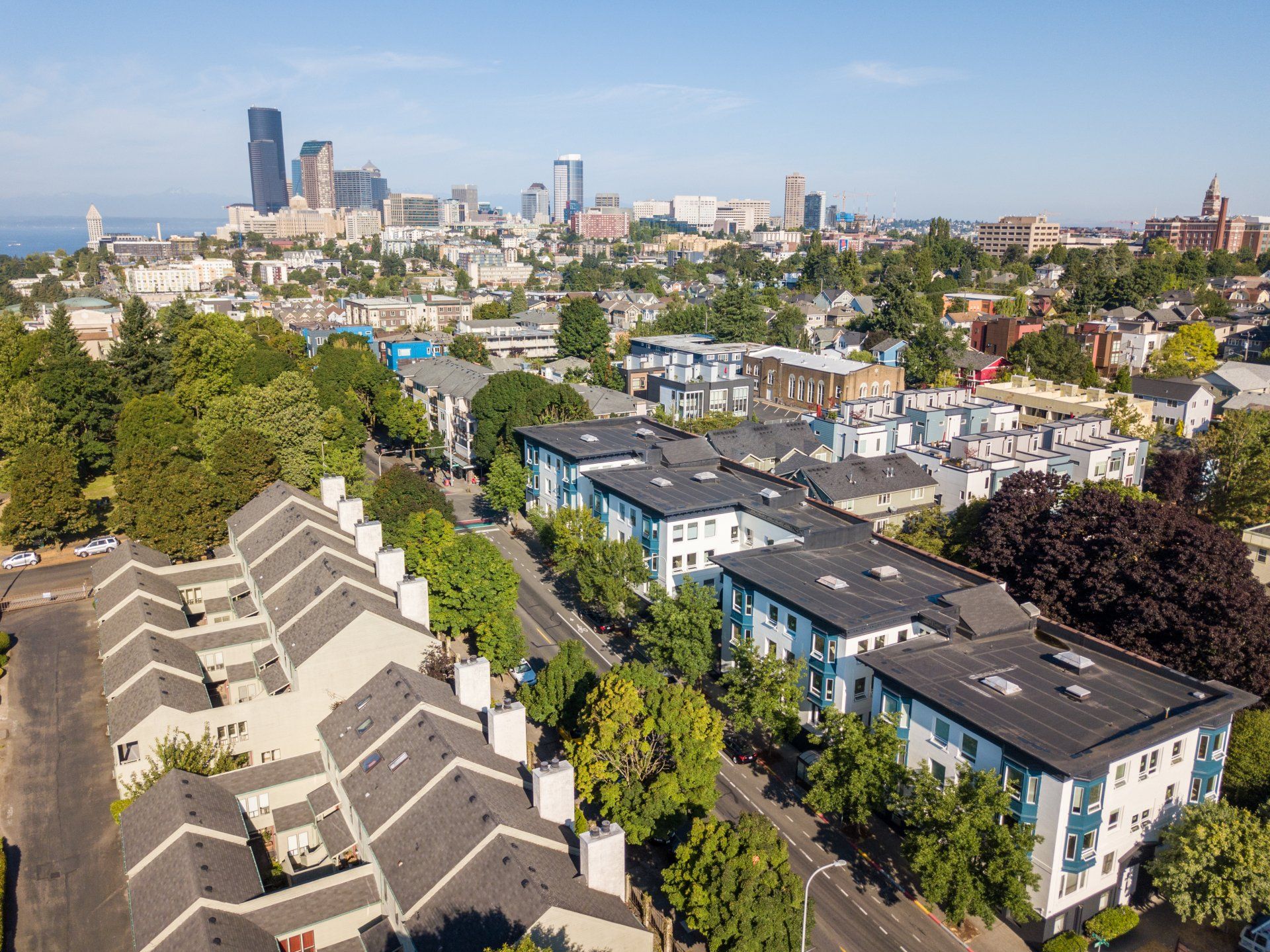 An aerial view of a residential area with a city skyline in the background.