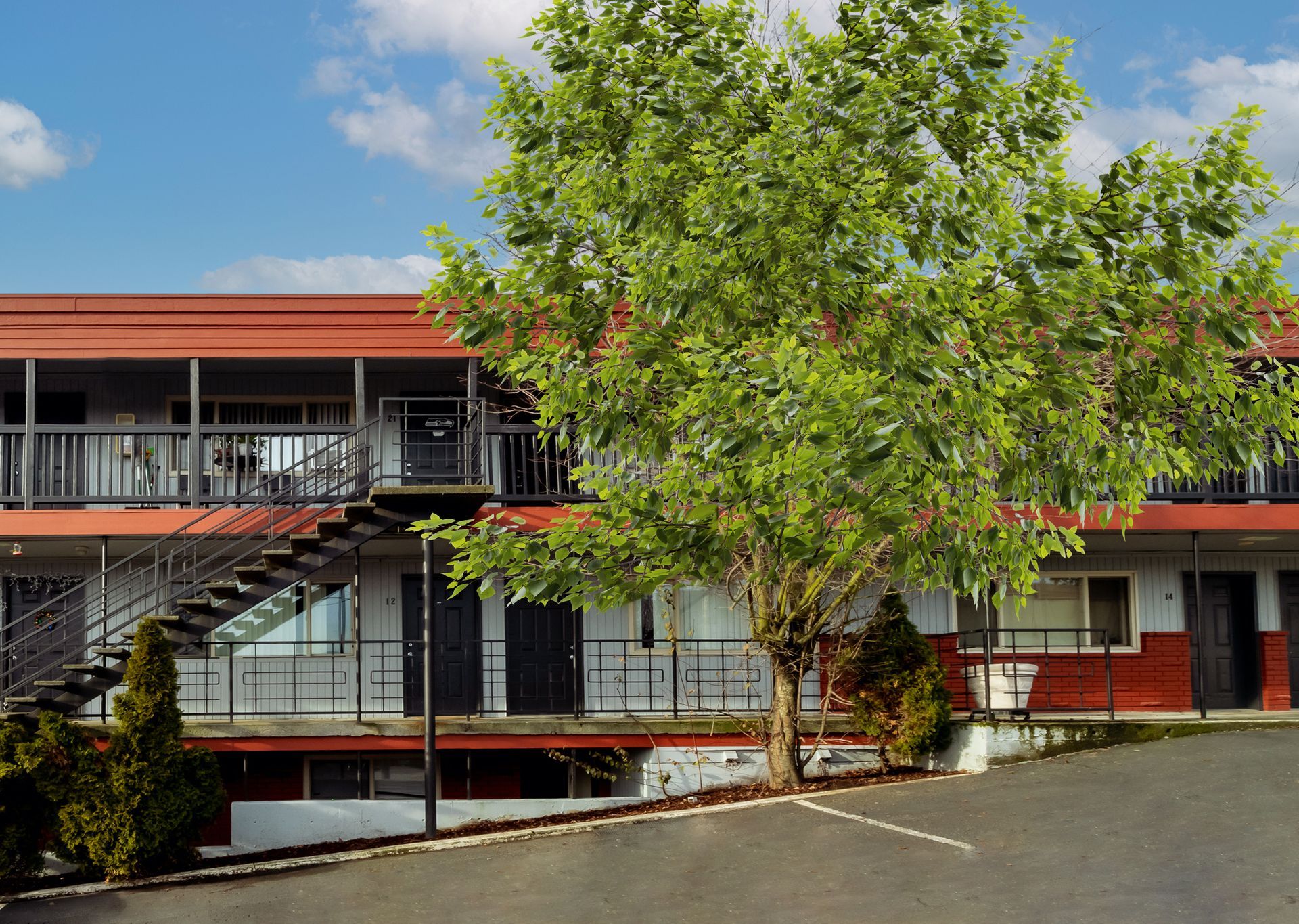 A large building with a tree in front of it