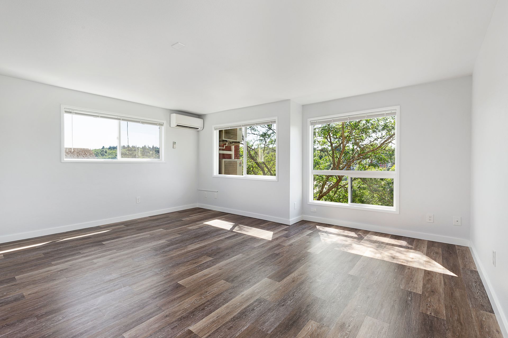 An empty living room with hardwood floors and two windows.