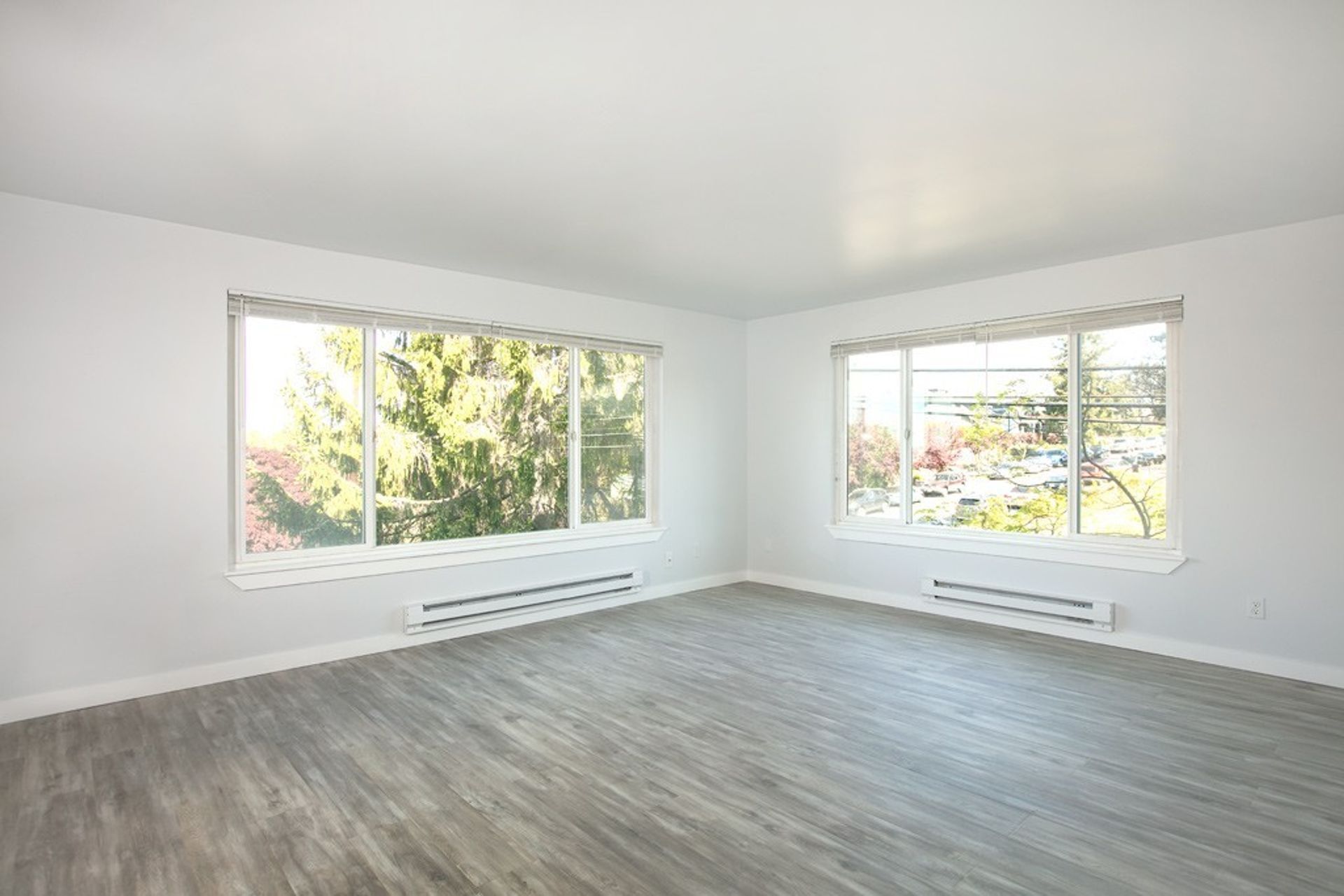An empty living room with hardwood floors and two windows.
