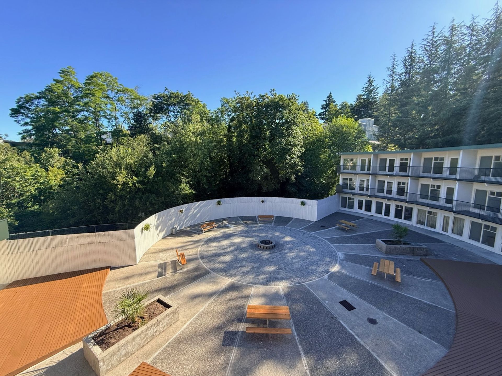 A building next to a firepit