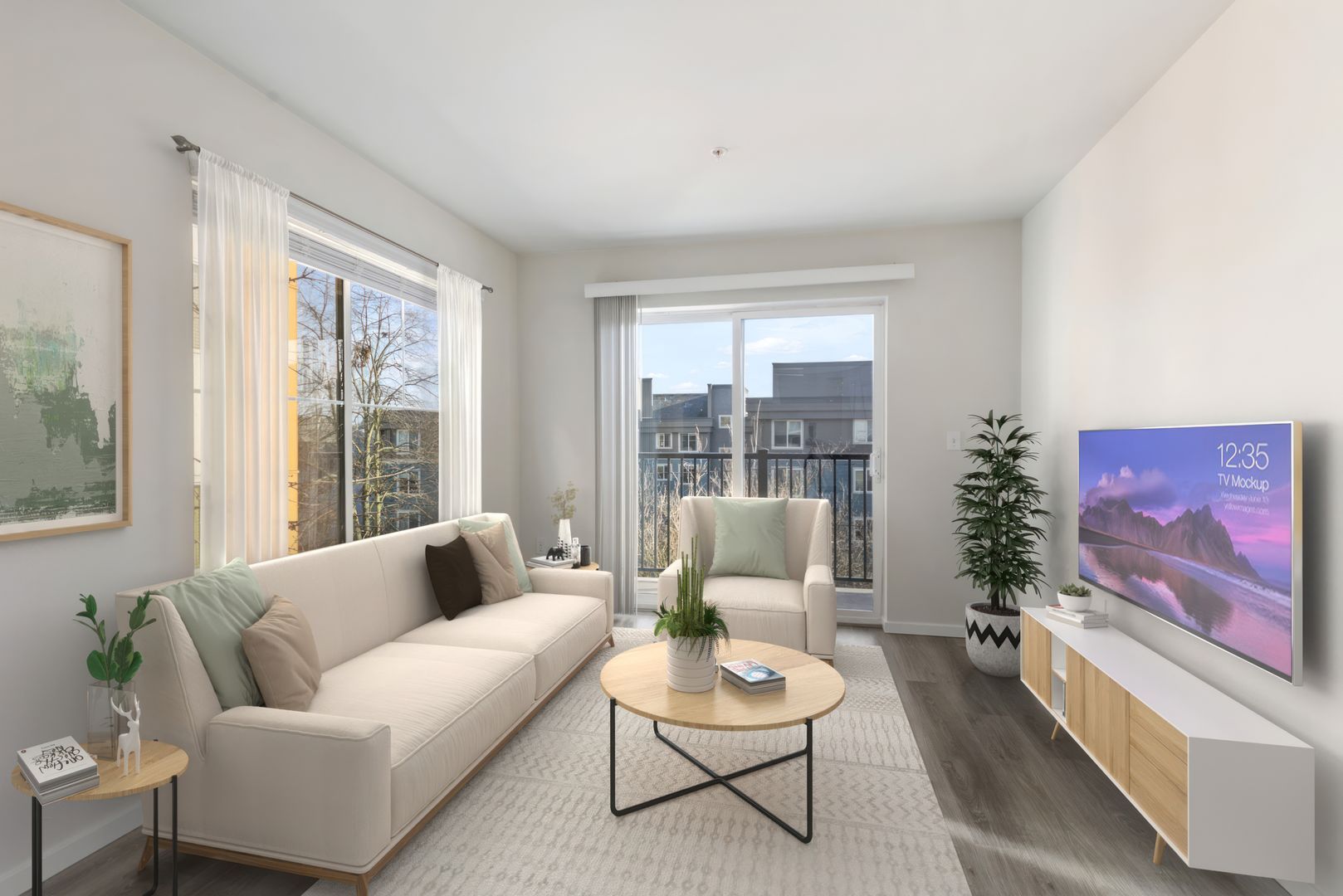 A living room with a couch , chair , coffee table and television.