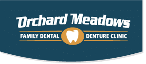 Logo for Orchard Meadows Family Dental & Denture Clinic. Blue background, white text and golden tooth graphic.