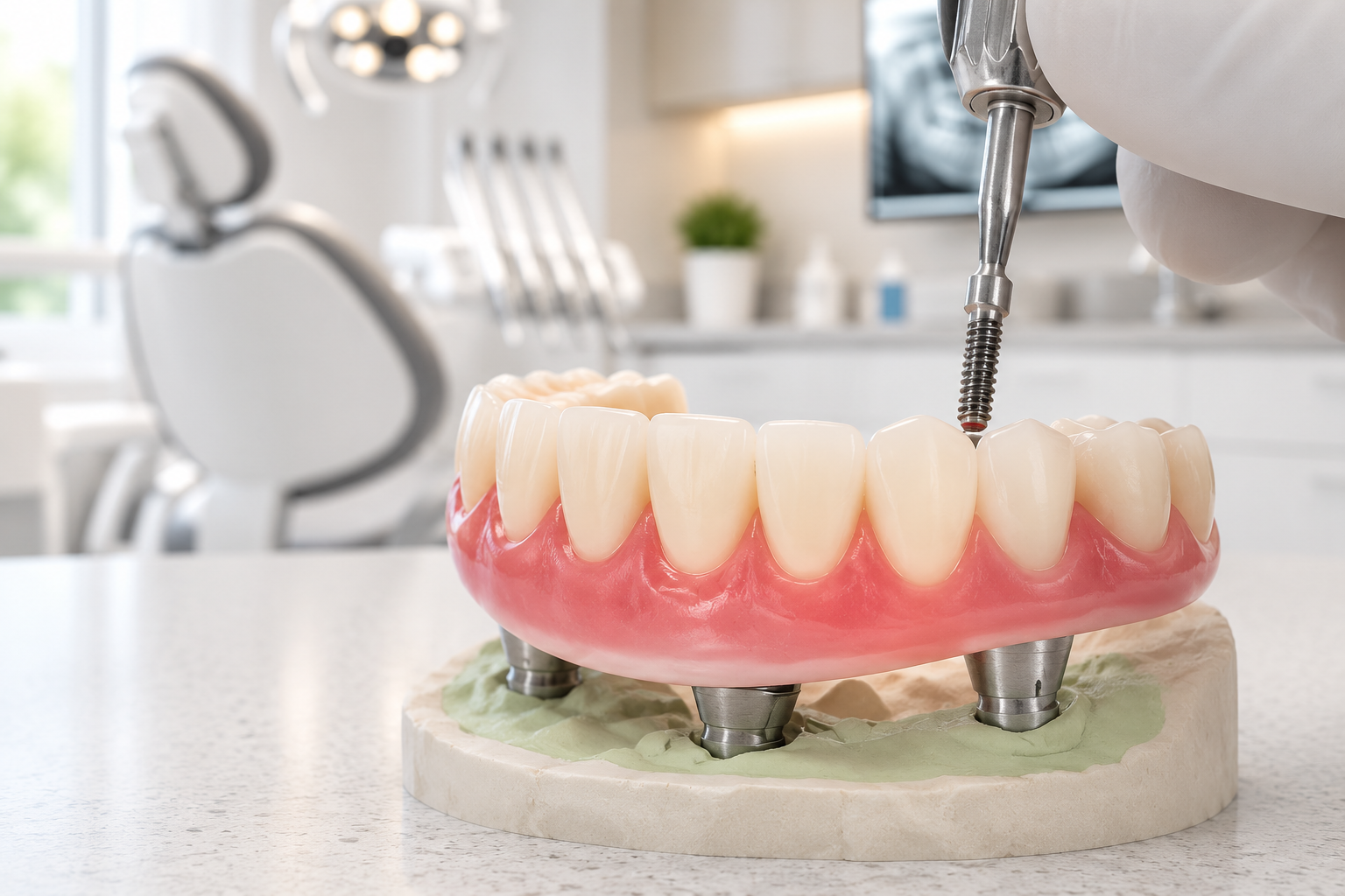 Dental implant model with pink gums and white teeth 
