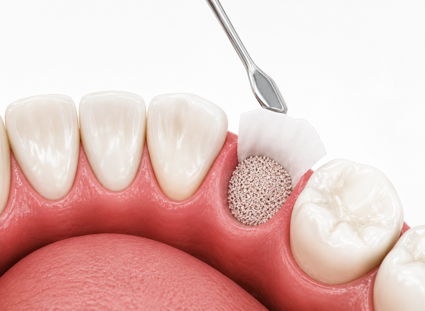 Dental implant site with exposed bone and surgical tool beside teeth and gums