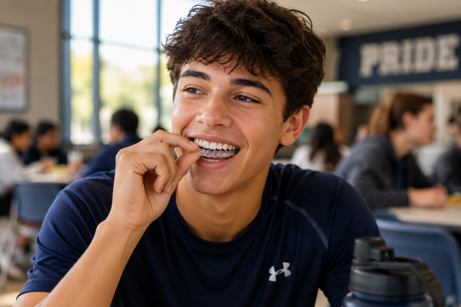 Student smiling in a cafeteria, chewing on a snack