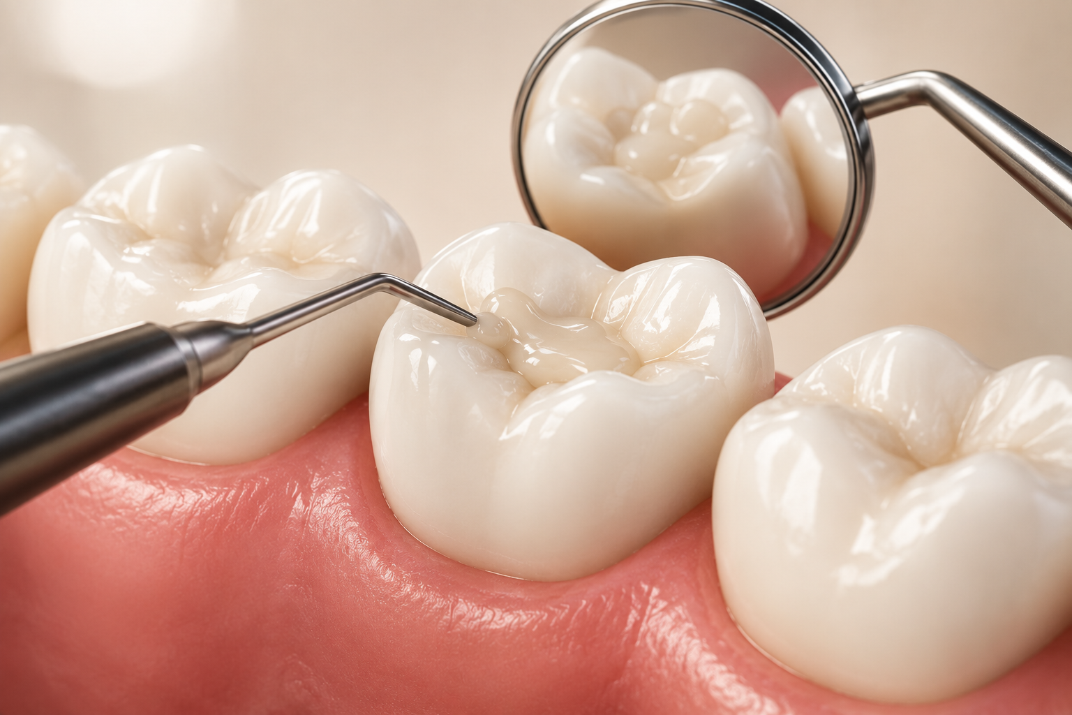 Dental mirror and probe examining white molars on pink gums.