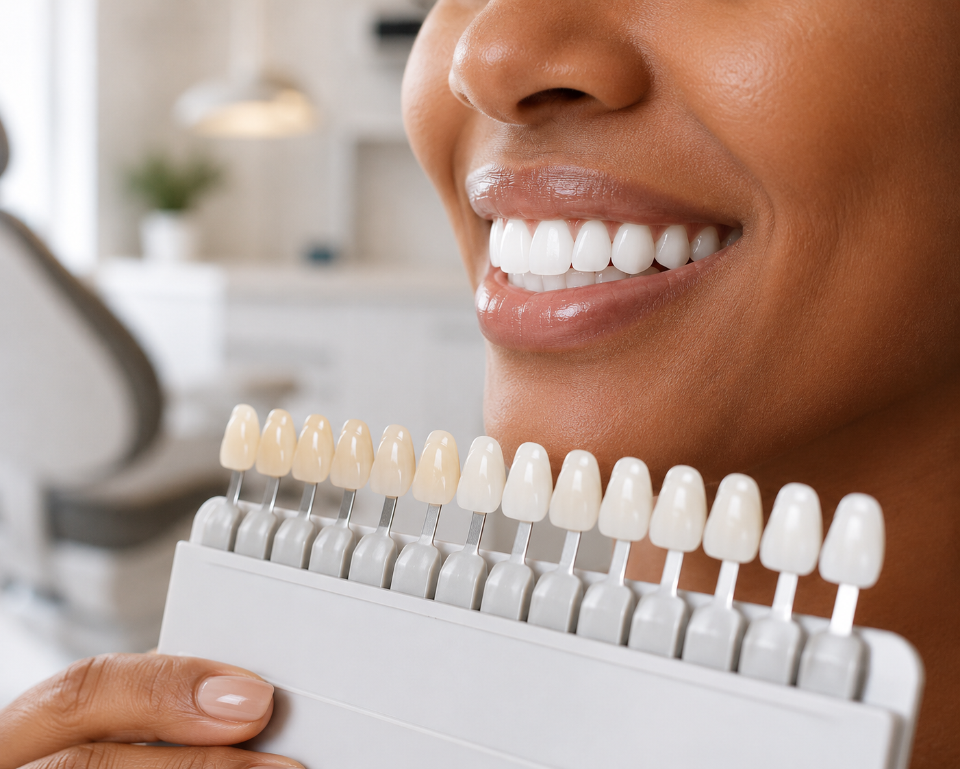 Woman smiling while holding a teeth shade guide in a dental office