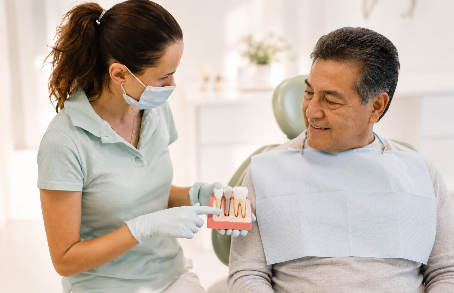 Dental hygienist showing a patient a model of teeth during a checkup