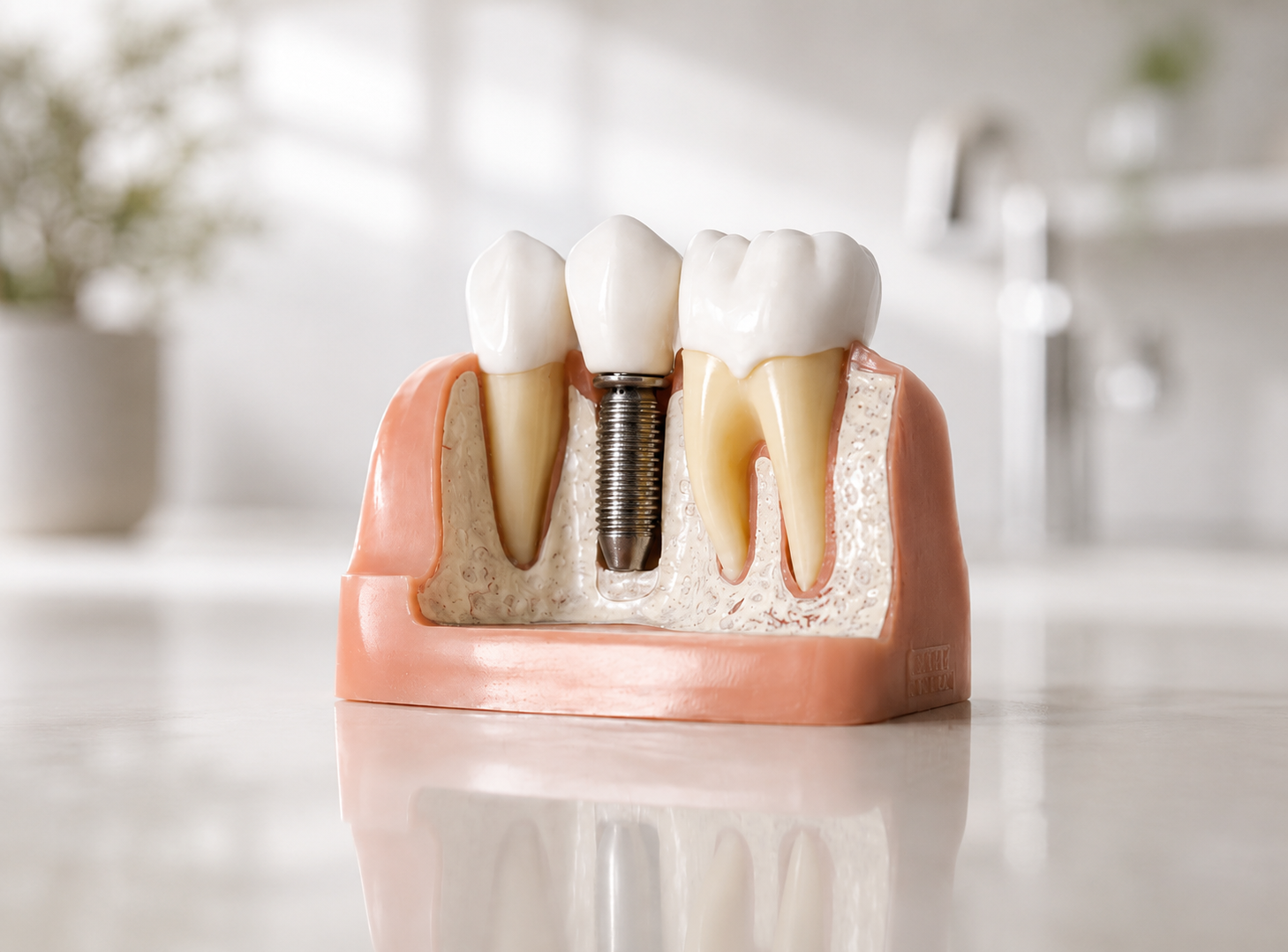Dental model showing a tooth implant