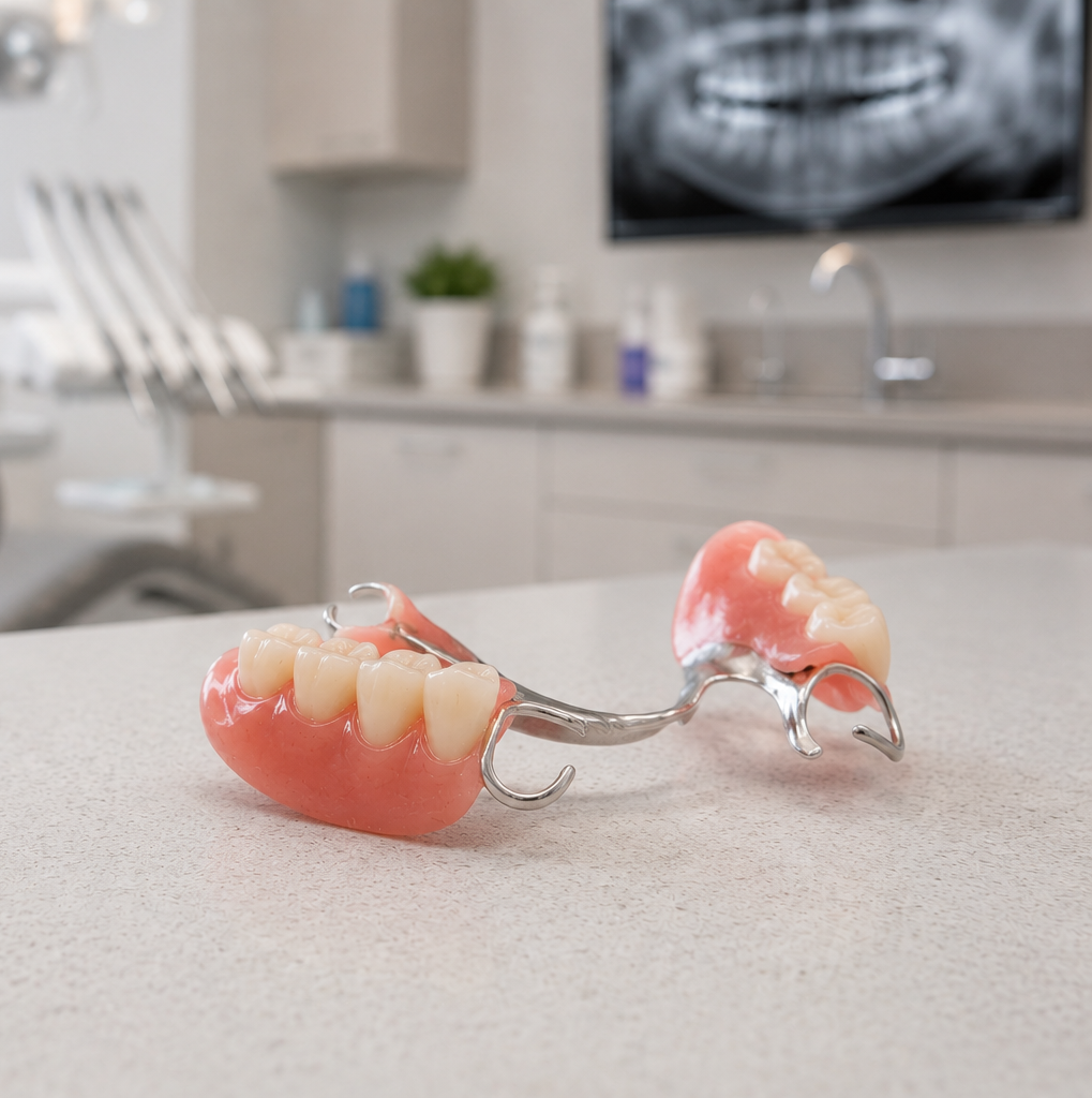 Dental partial denture on a countertop in a dental office