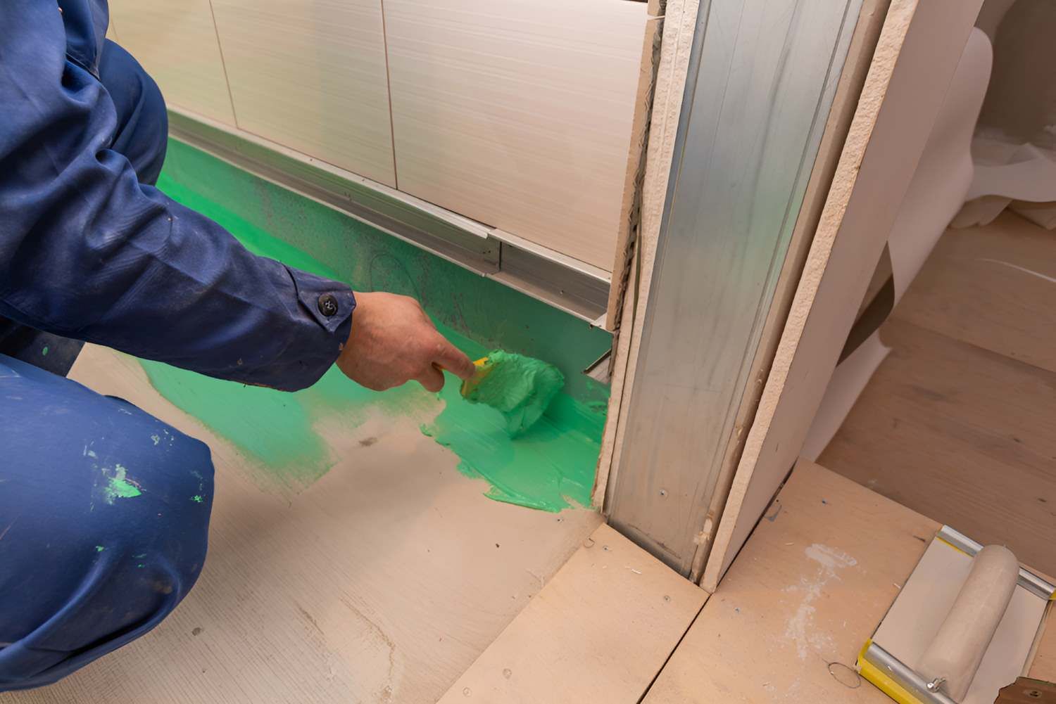 A worker Is Applying Green-colored Waterproofing With A Brush — Bananacoast Waterproofing in Korora, NSW