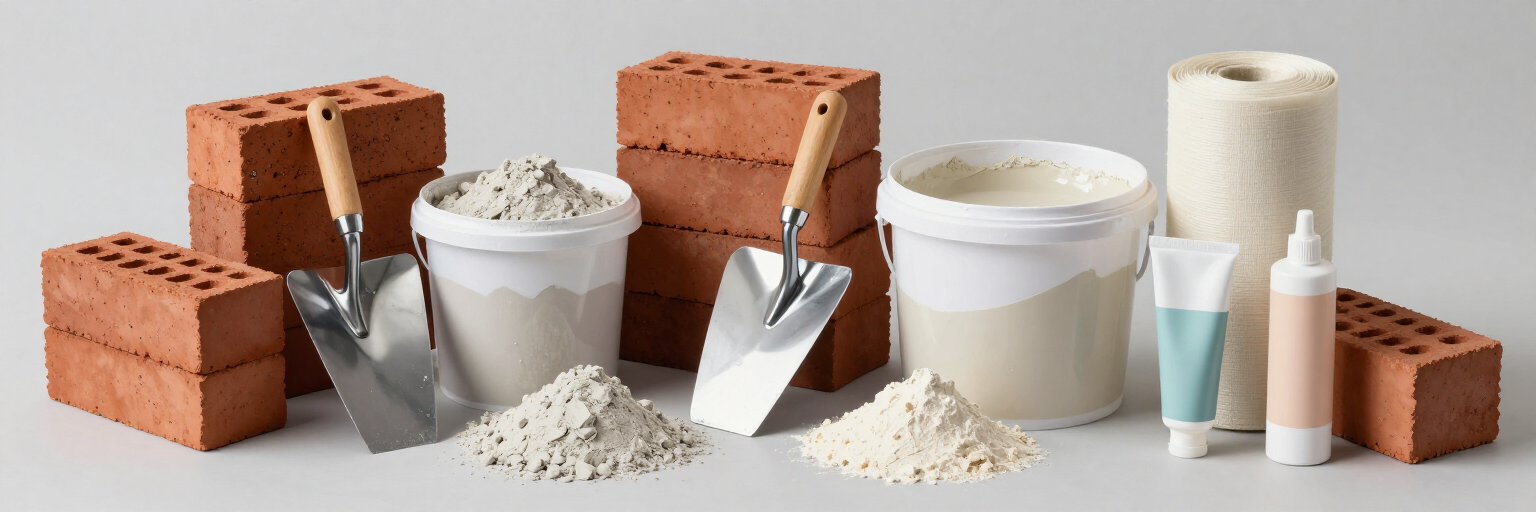 Materiales de construcción, ladrillos, paletas, cubos y herramientas adhesivas dispuestos sobre un fondo blanco.