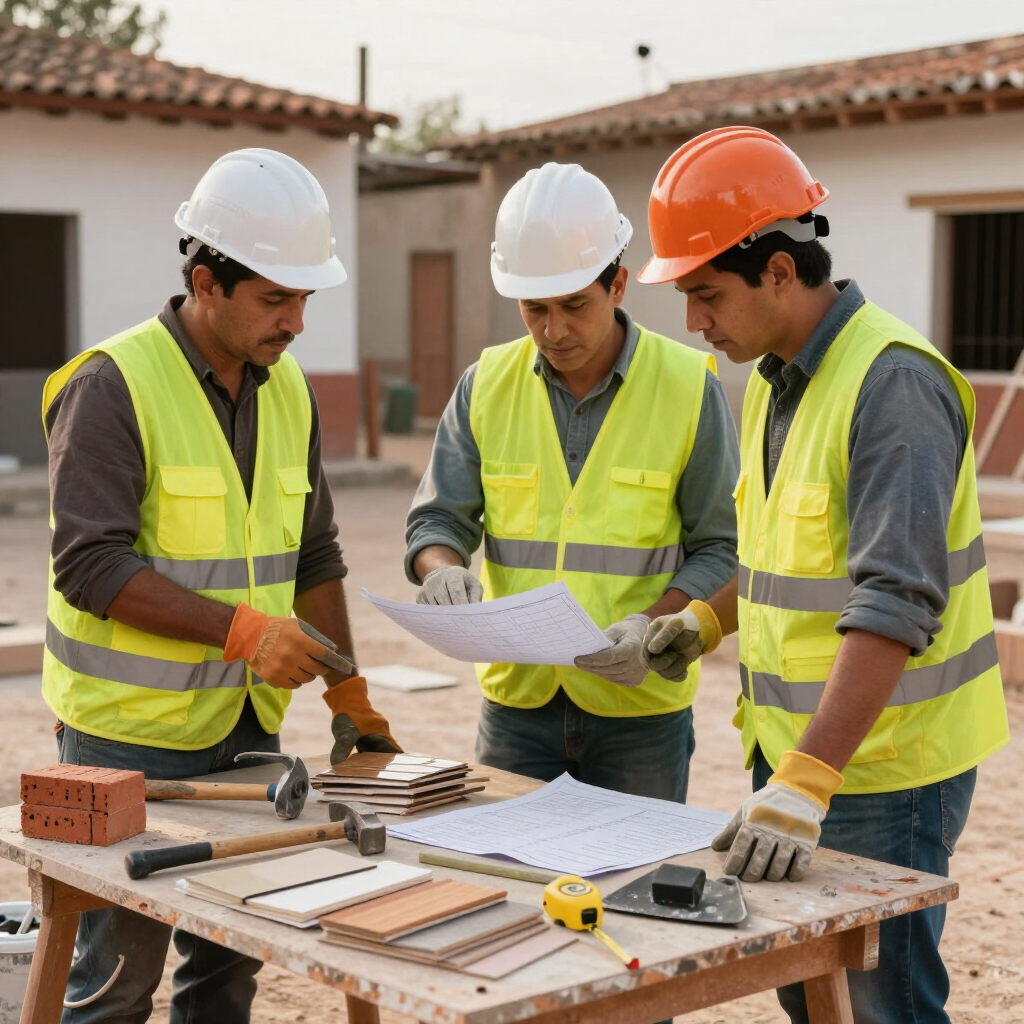 Tres obreros de la construcción con cascos revisan planos en una mesa de trabajo al aire libre.