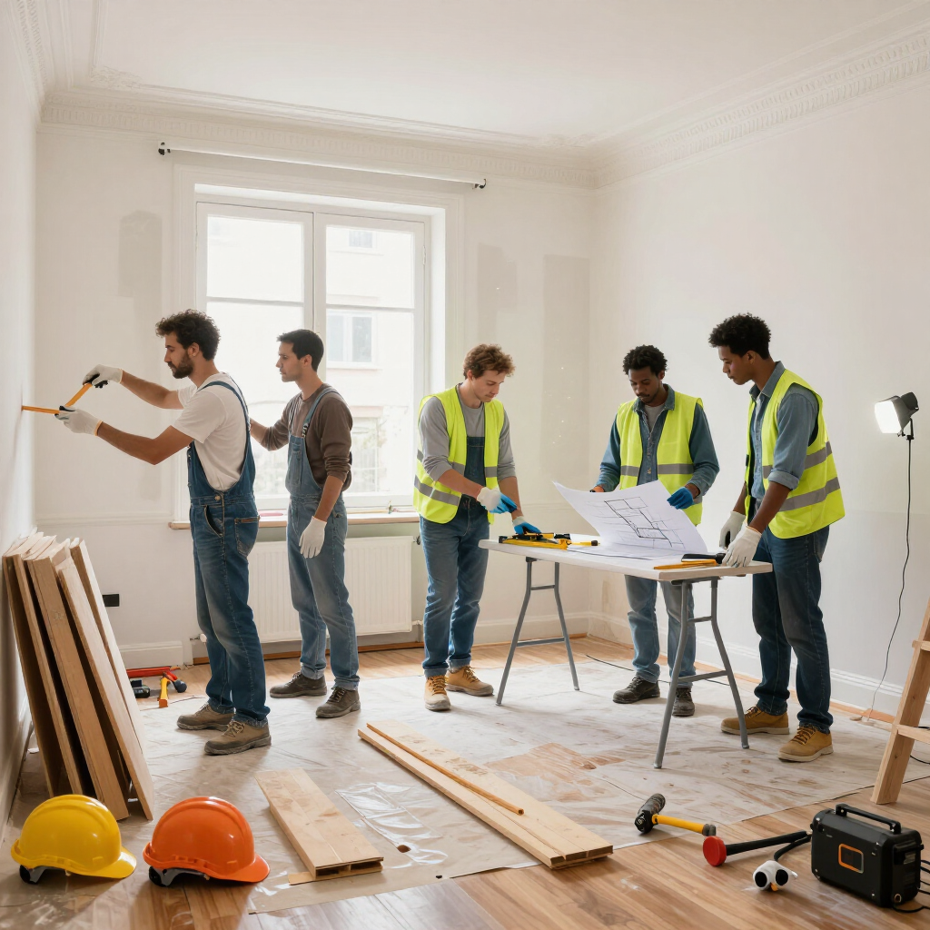 Trabajadores con chalecos reflectantes miden y planifican la renovación de una habitación en torno a herramientas y madera.
