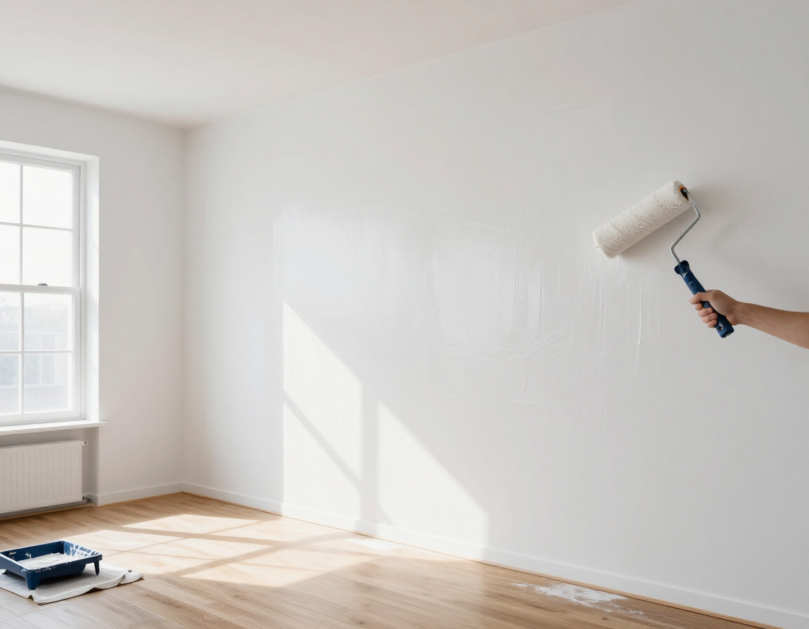 Una persona pinta una pared blanca en una habitación luminosa y vacía con un rodillo de pintura y una lona protectora.