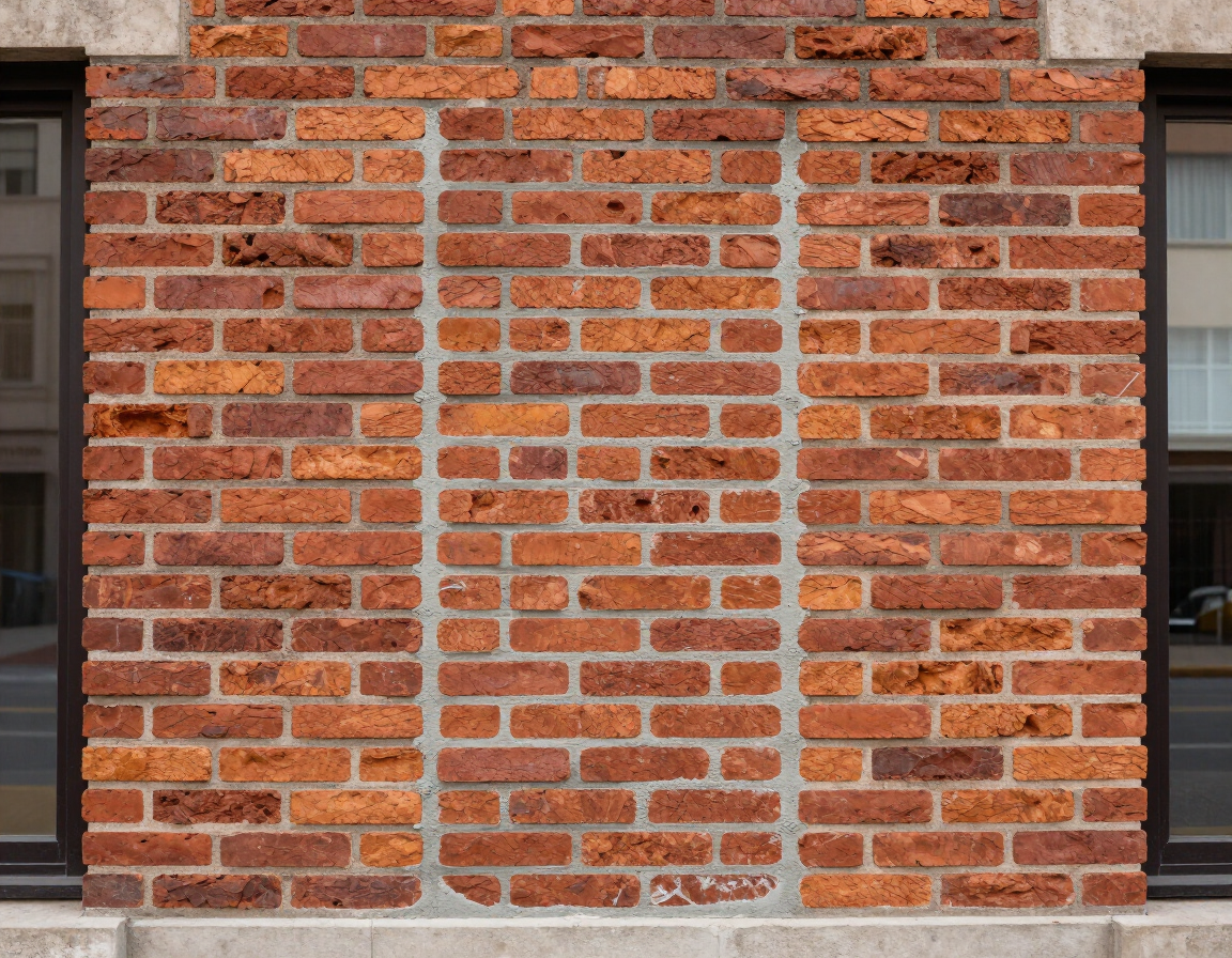 Muro de ladrillo rojo con una zona de ladrillo más claro centrada entre dos ventanas.
