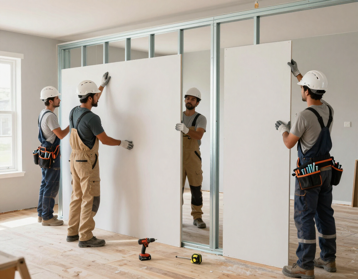 Trabajadores instalando paneles de pared blancos en una habitación luminosa en construcción.