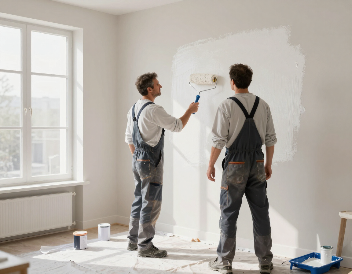 Dos pintores con overoles pintando una pared blanca dentro de una habitación luminosa.