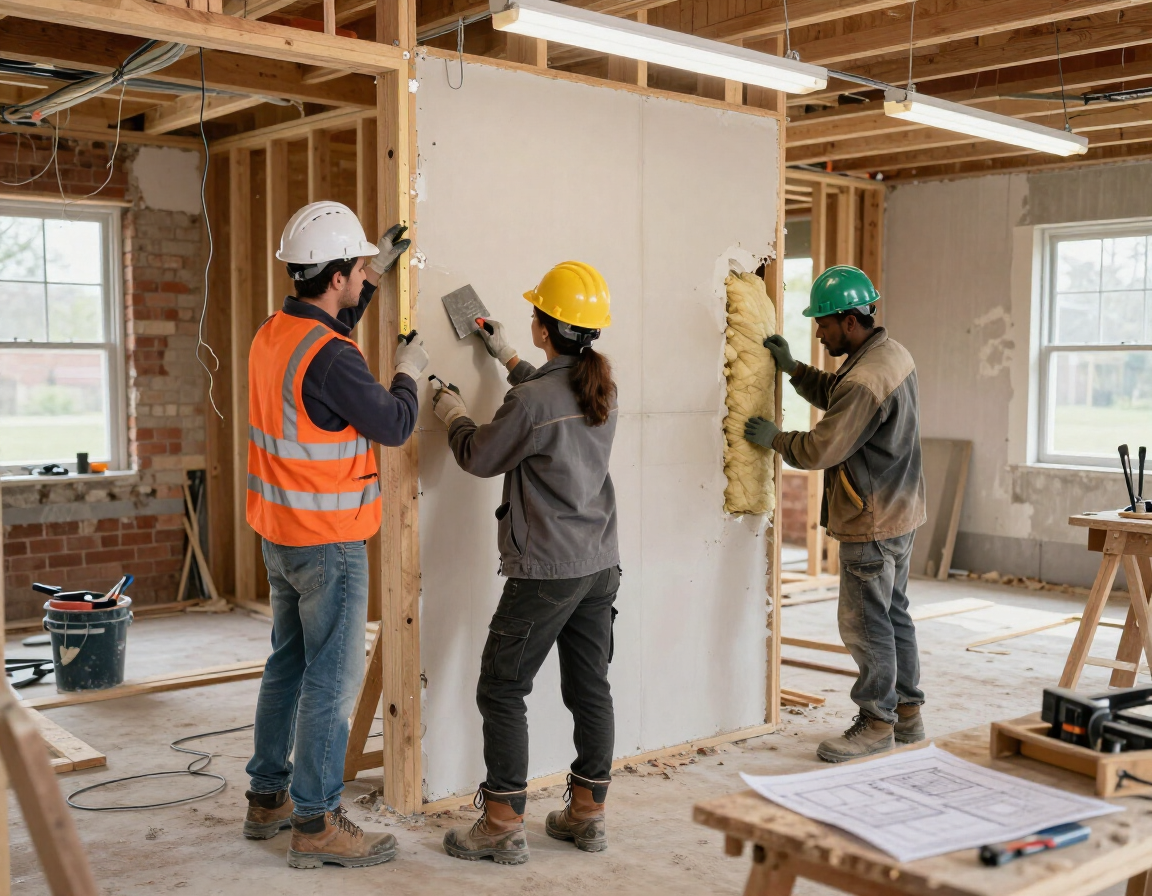 Tres obreros de la construcción instalan paneles de yeso en una habitación en renovación, usando cascos y chalecos de seguridad.