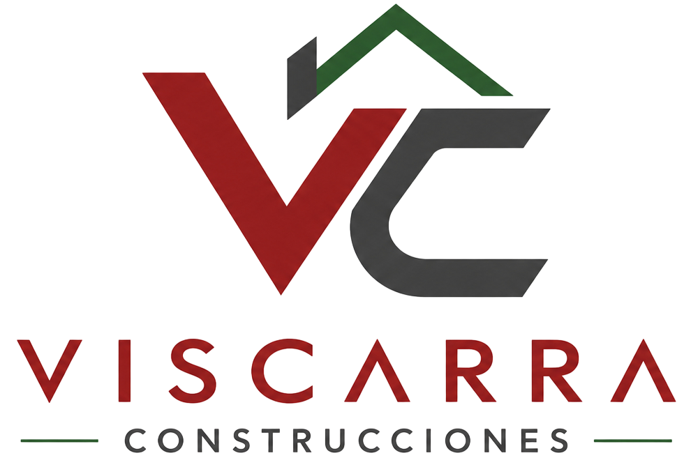 Logotipo de Viscarra Construcciones con las iniciales VC en rojo y gris y el contorno de un techo verde.