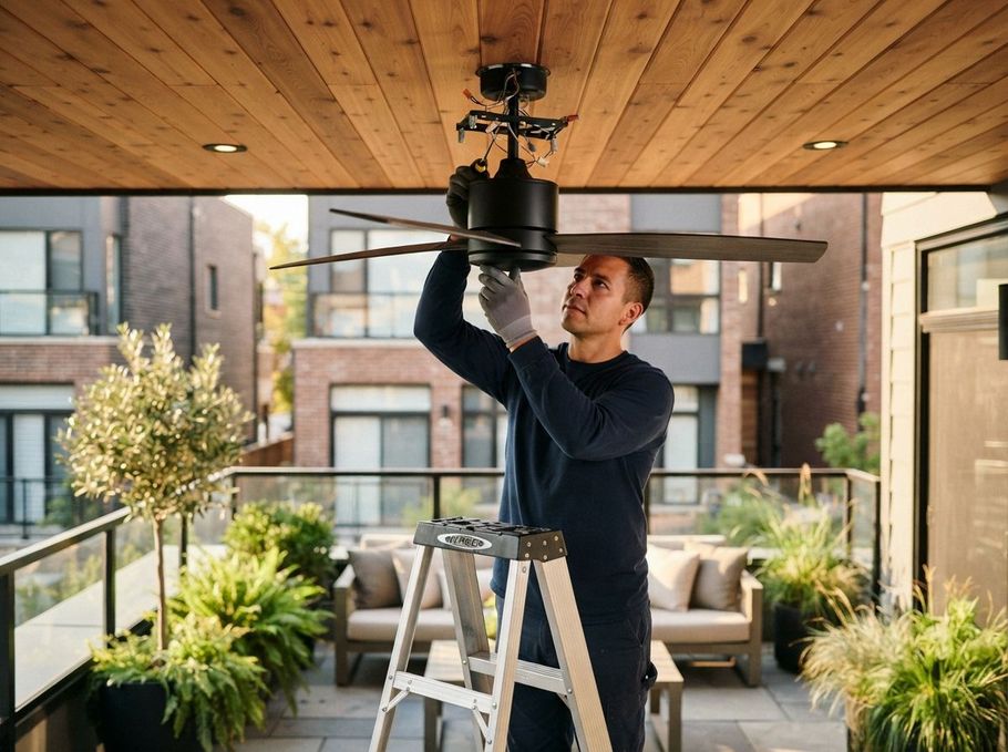 Person installing a black ceiling fan on a wooden patio ceiling beside a ladder and potted plants.