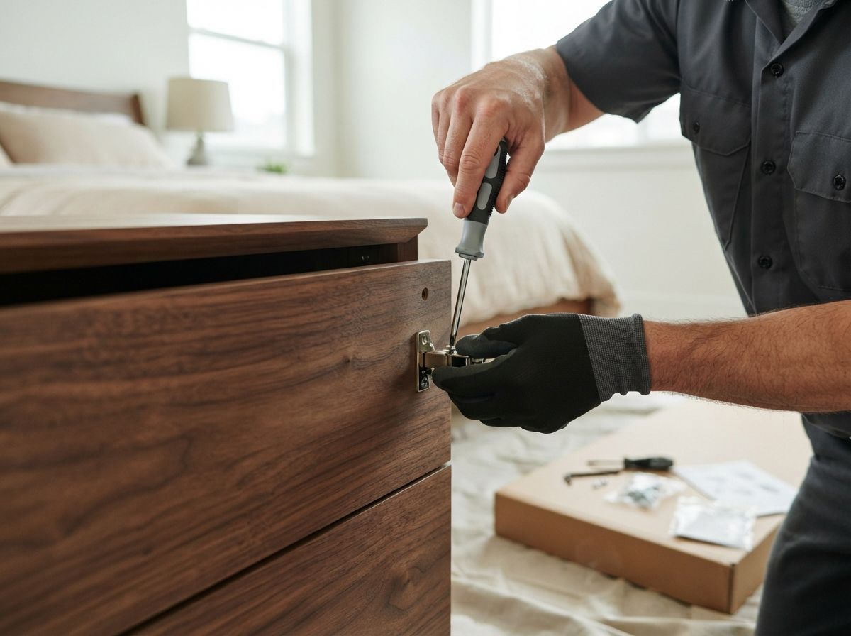 Person using a screwdriver to assemble a wooden dresser in a bright bedroom