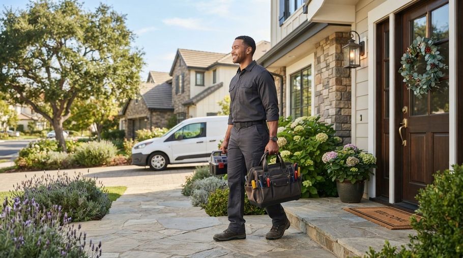Worker carrying a toolbox outside a suburban home, standing on the front walkway.