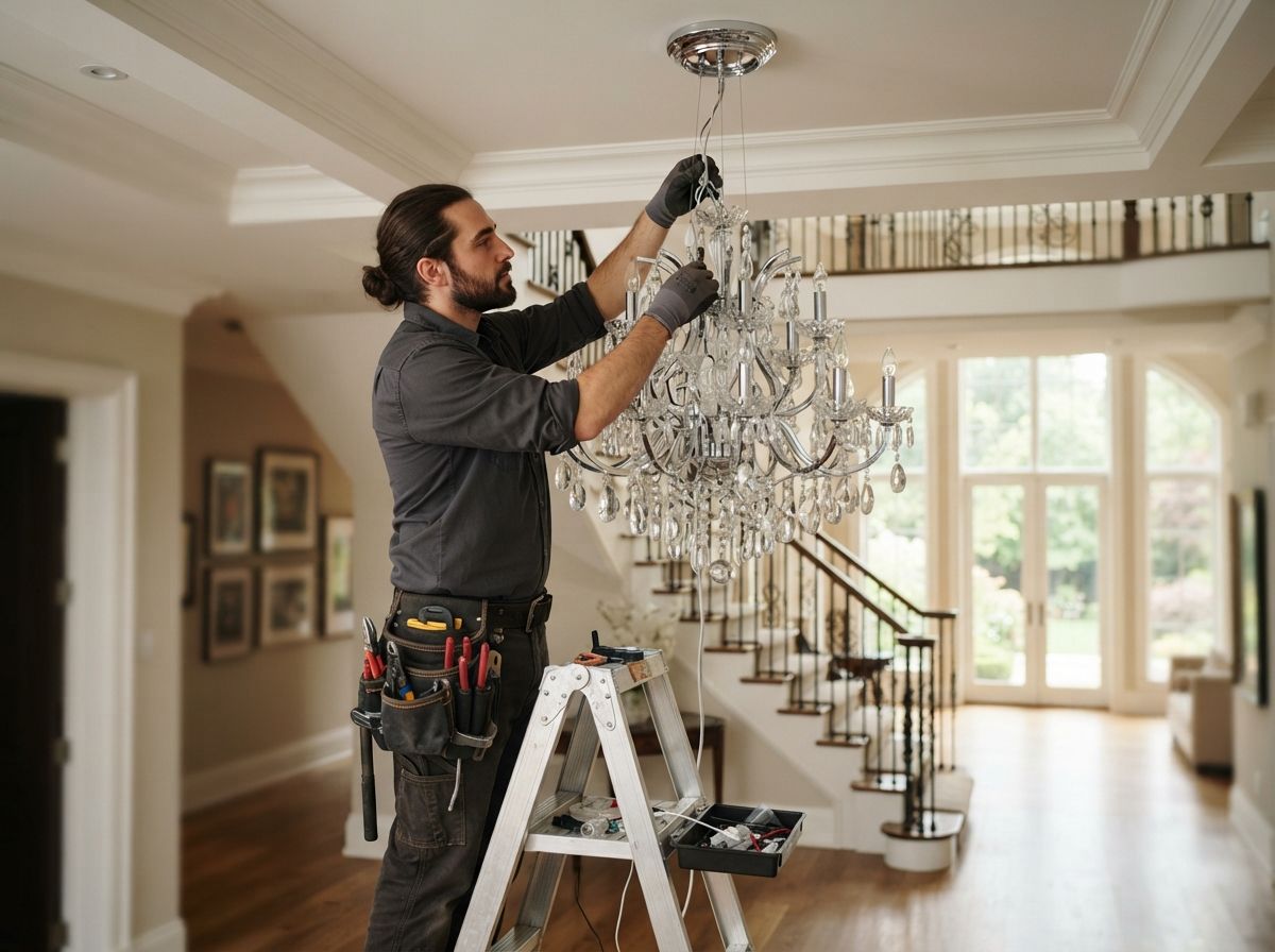 Worker installing a crystal chandelier on a ladder in a bright foyer