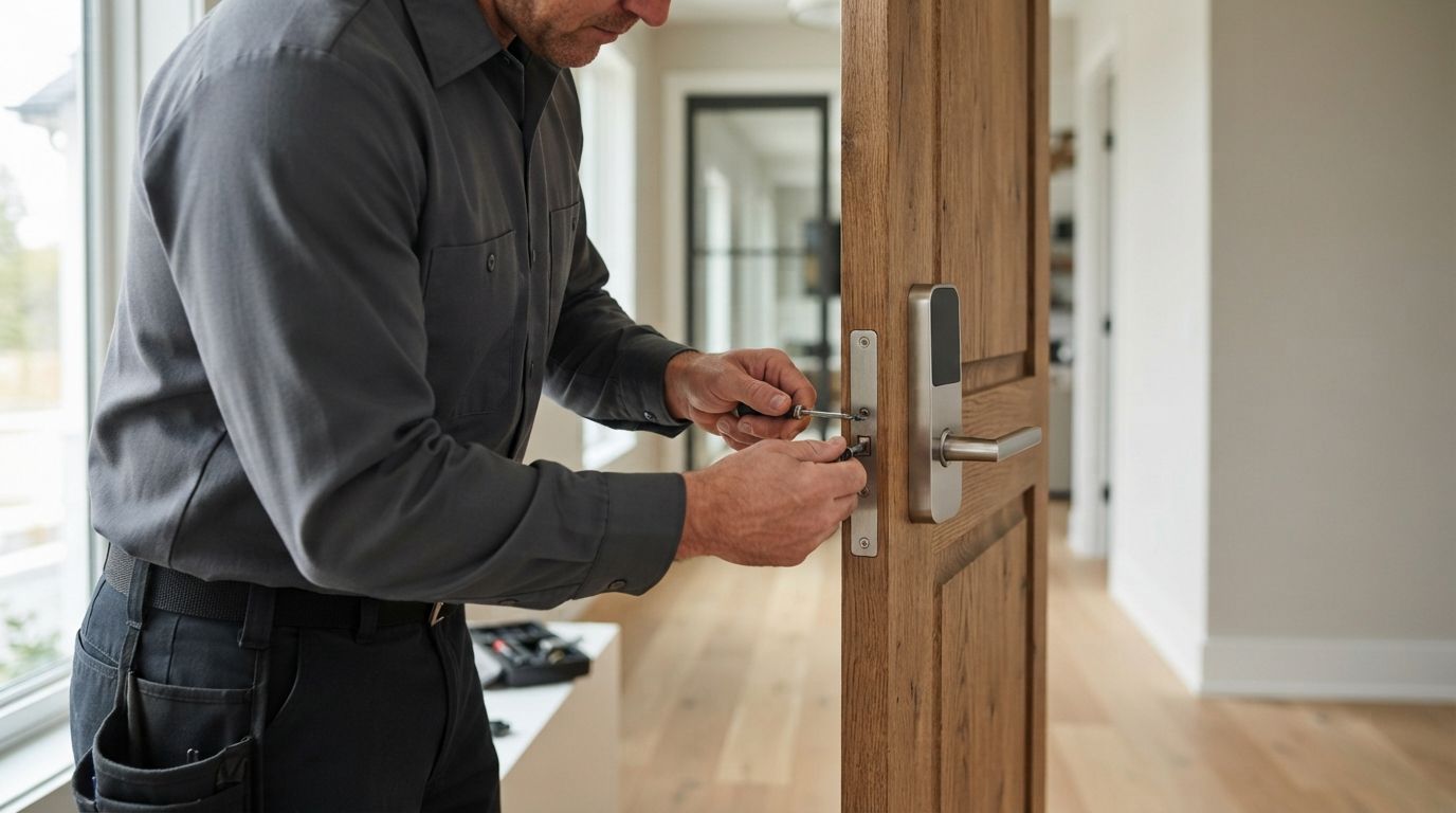 Person installing a door lock in a modern home interior