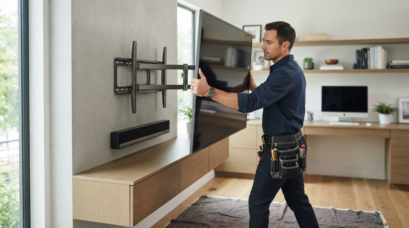 Man installing a wall-mounted TV bracket in a modern living room