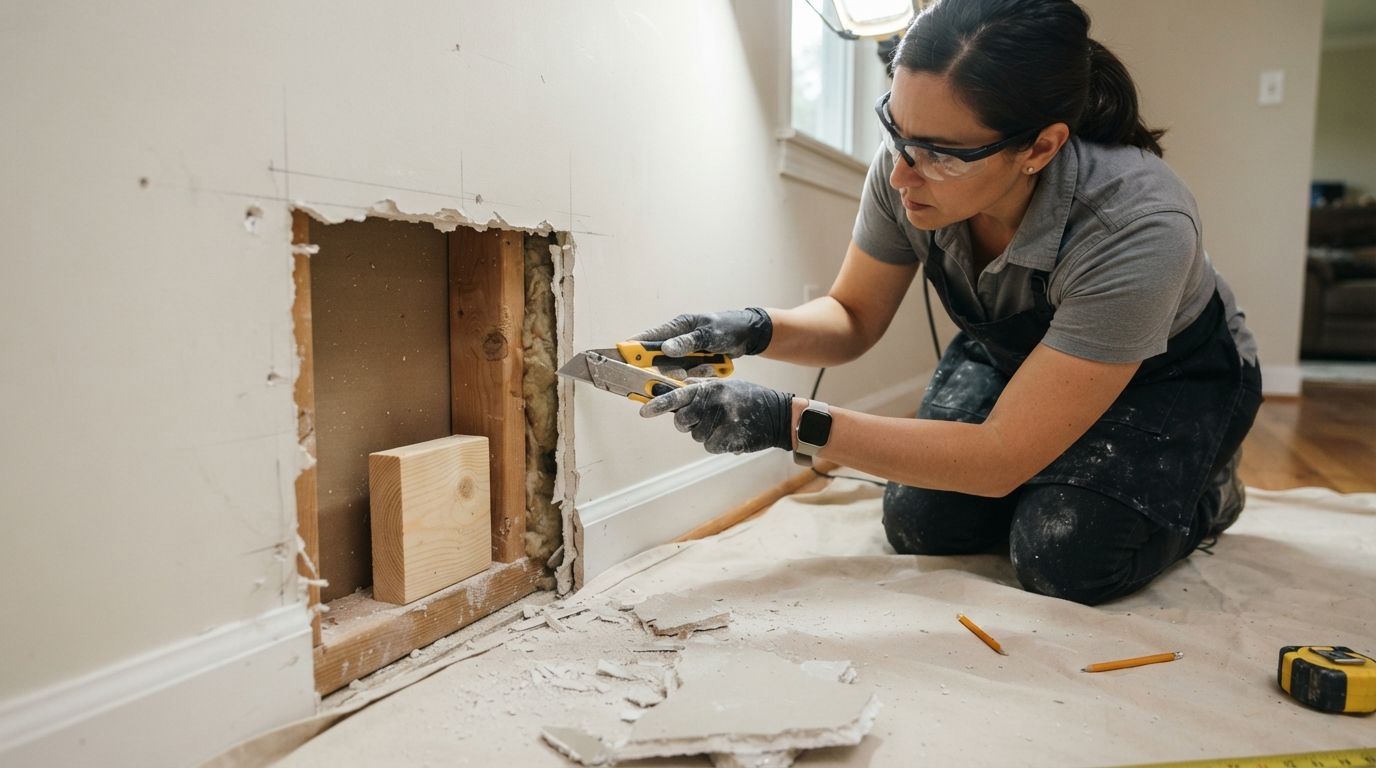 Worker cutting drywall beside a wall opening during home renovation