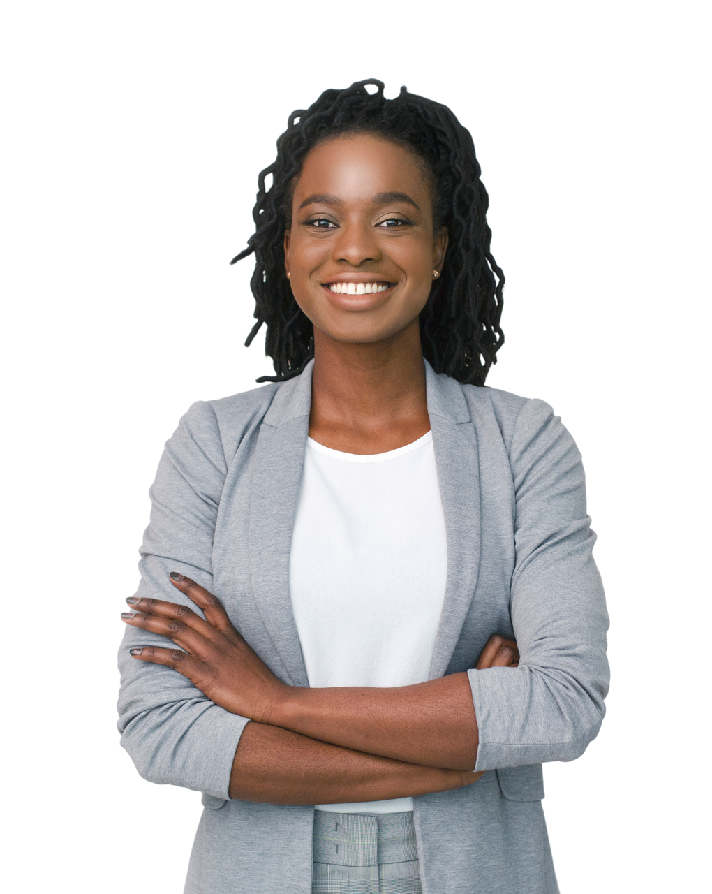 Smiling Black woman with arms crossed, wearing a gray blazer over a white shirt.