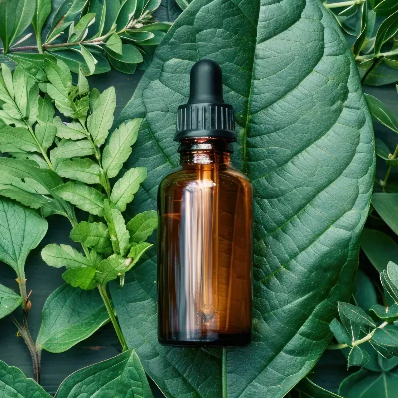 A bottle of essential oil is surrounded by green leaves.
