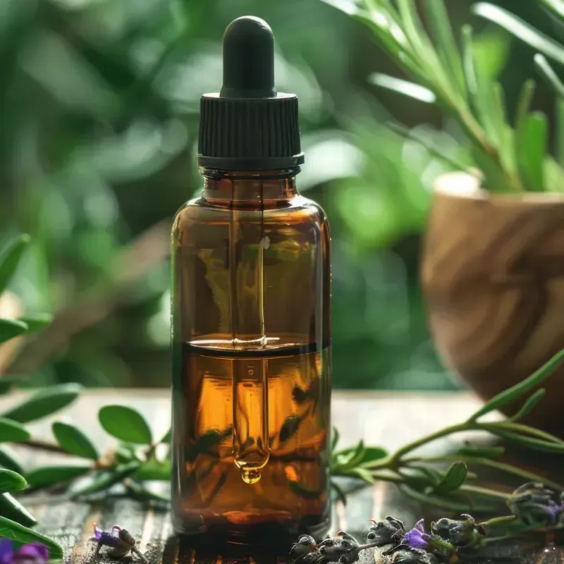 A bottle of essential oil with a dropper is sitting on a wooden table.