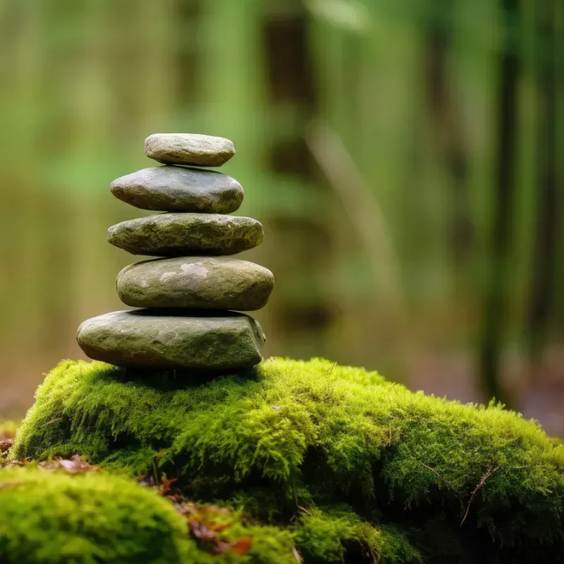 A stack of rocks sitting on top of a mossy rock in the woods.