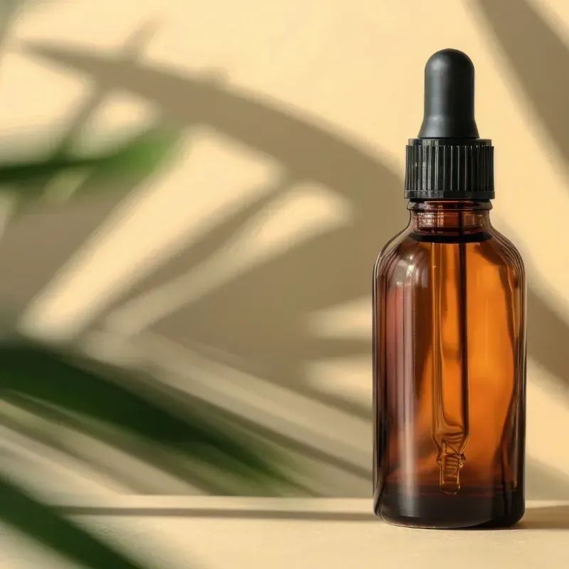 A brown bottle with a dropper is sitting on a table.