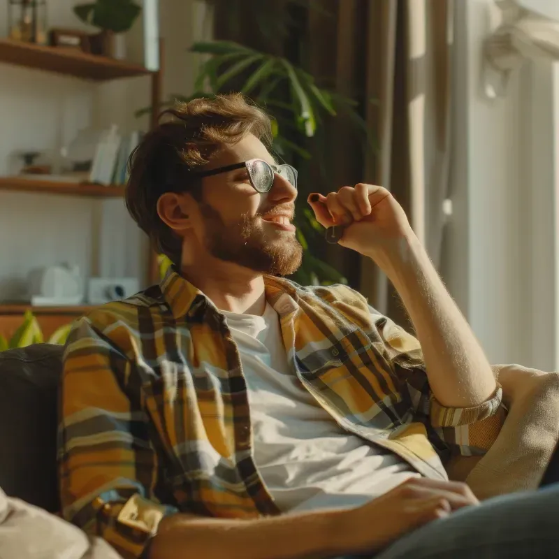 A man is sitting on a couch using a tablet computer.