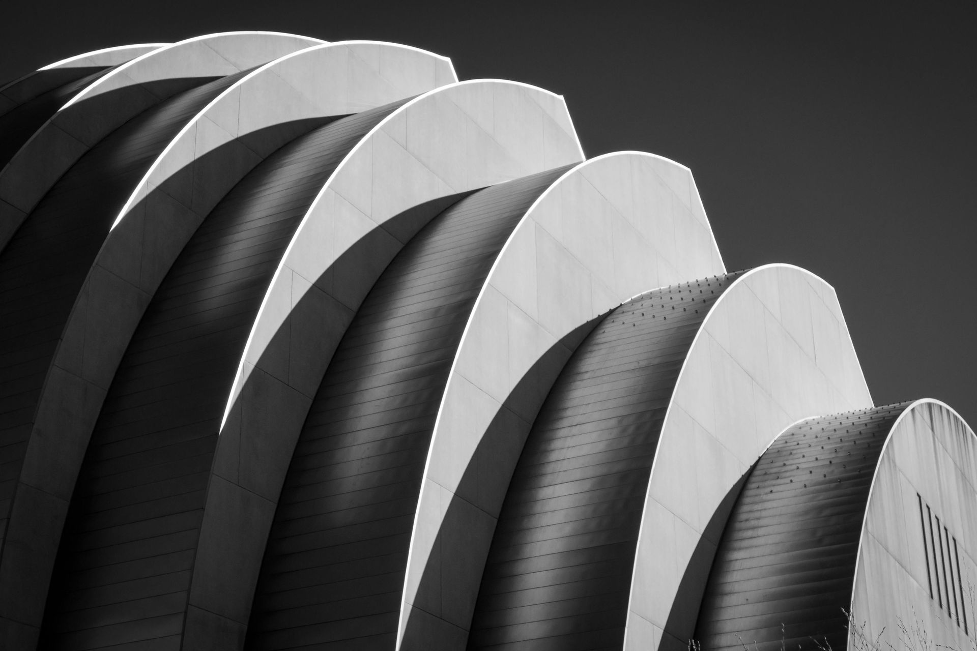 Modern performing arts center with curved metal architecture