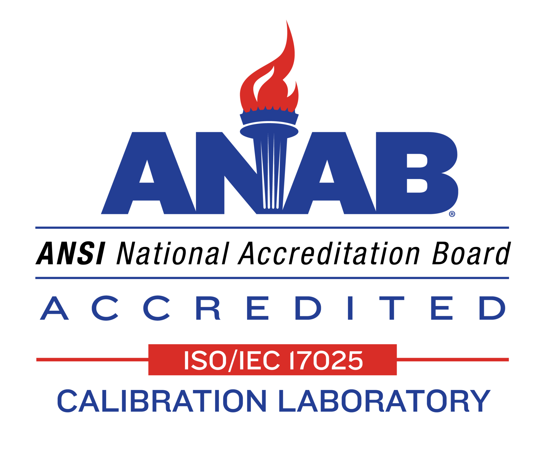 ANAB accredited calibration laboratory logo with red flame and blue text, ISO/IEC 17025