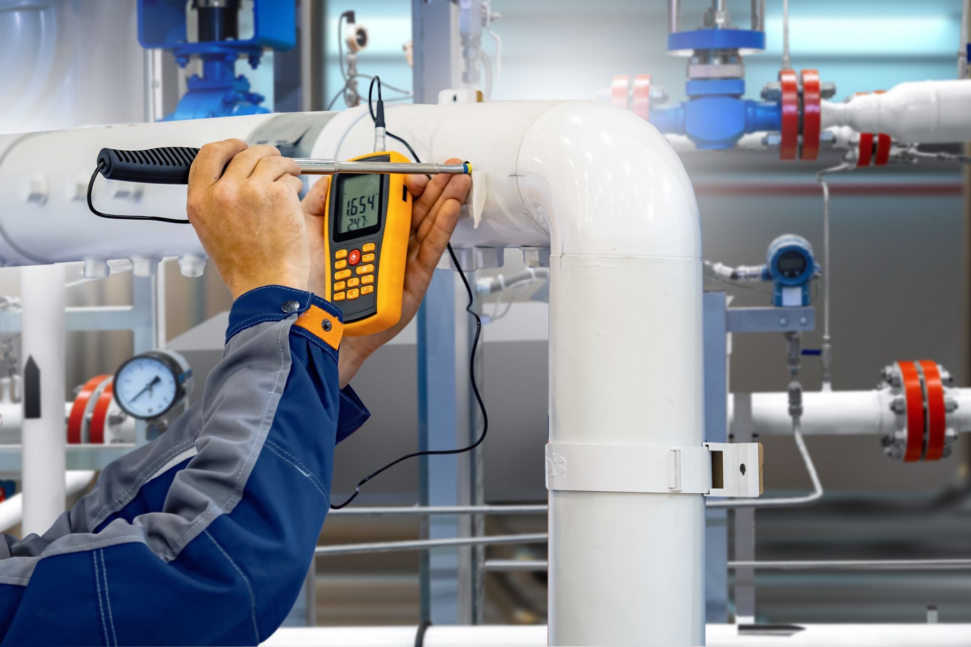 Total station on tripod Worker measuring temperature on industrial pipeline with digital device.