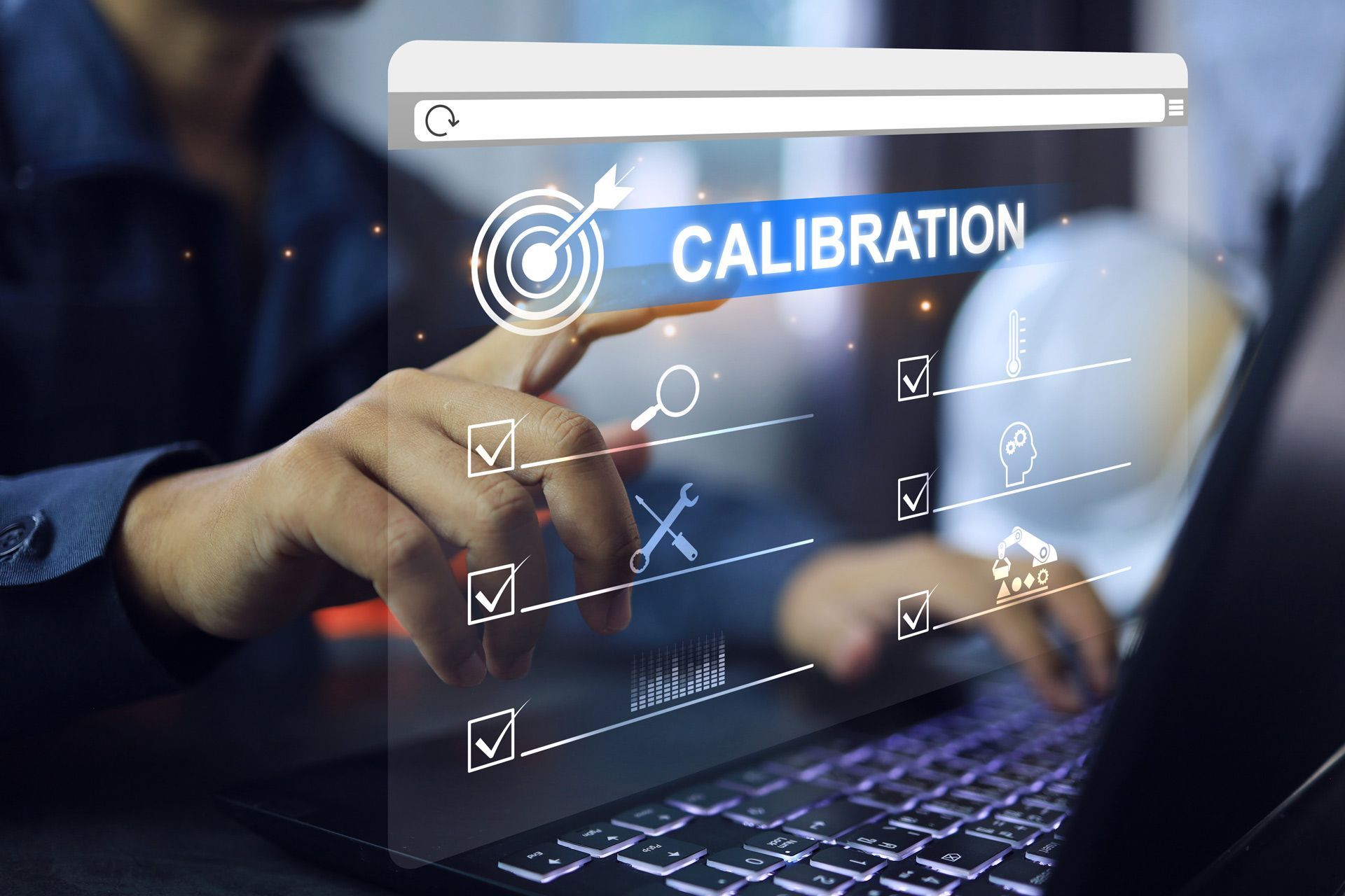 Hand points to a digital calibration interface with checklists over a laptop screen. Hand points to a digital calibration interface with checklists over a laptop screen.