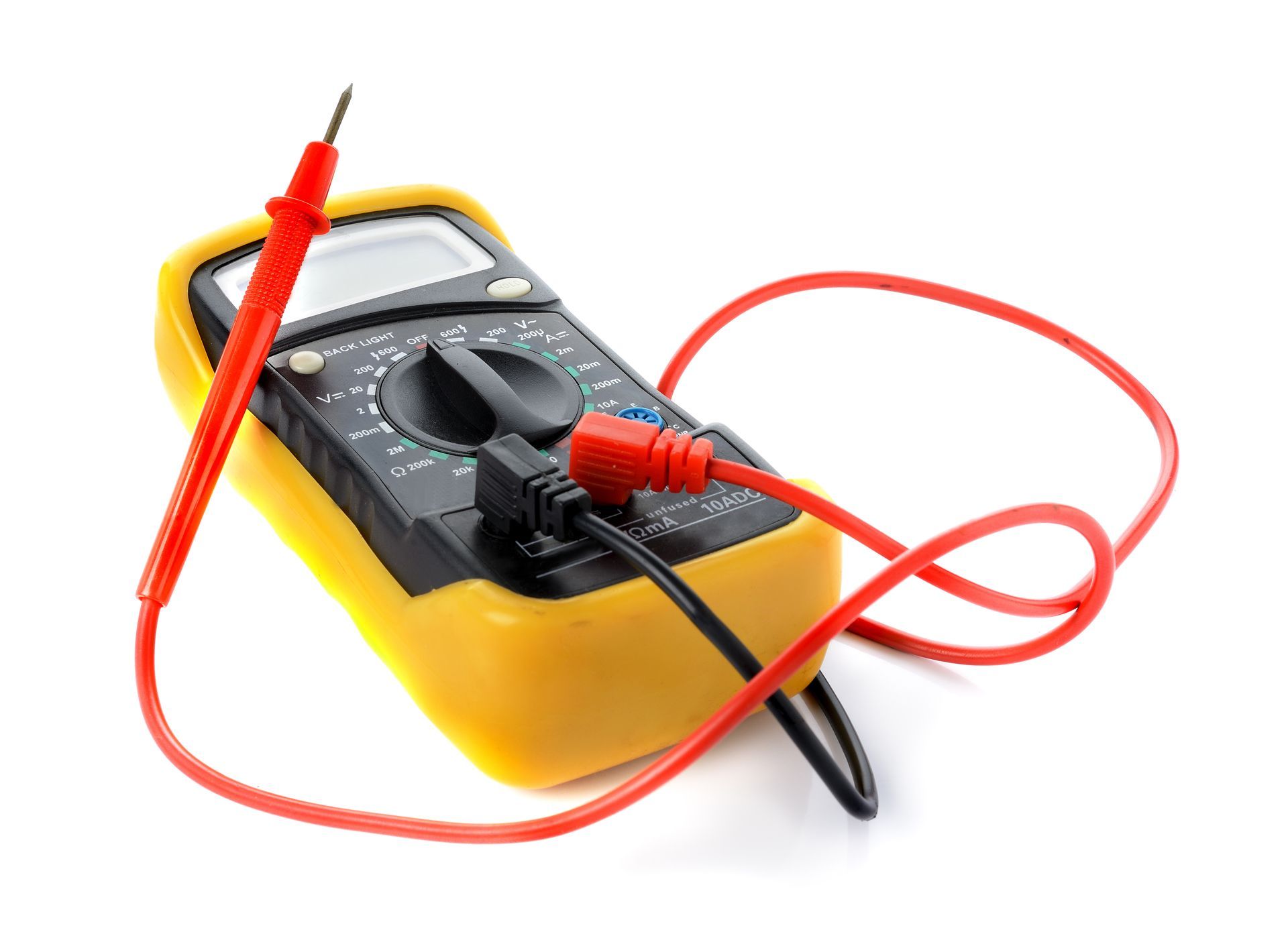 Digital multimeter with red and black test leads used for electrical measurements. Digital multimeter with red and black test leads used for electrical measurements.